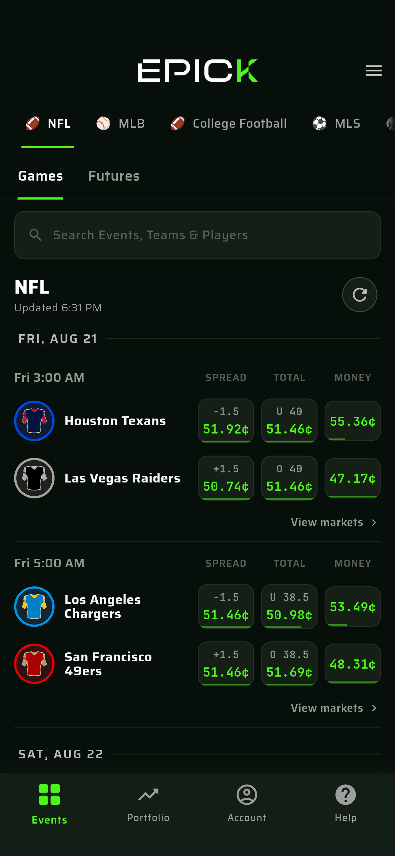 EPICK app board showing spread, total and moneyline prices in cents