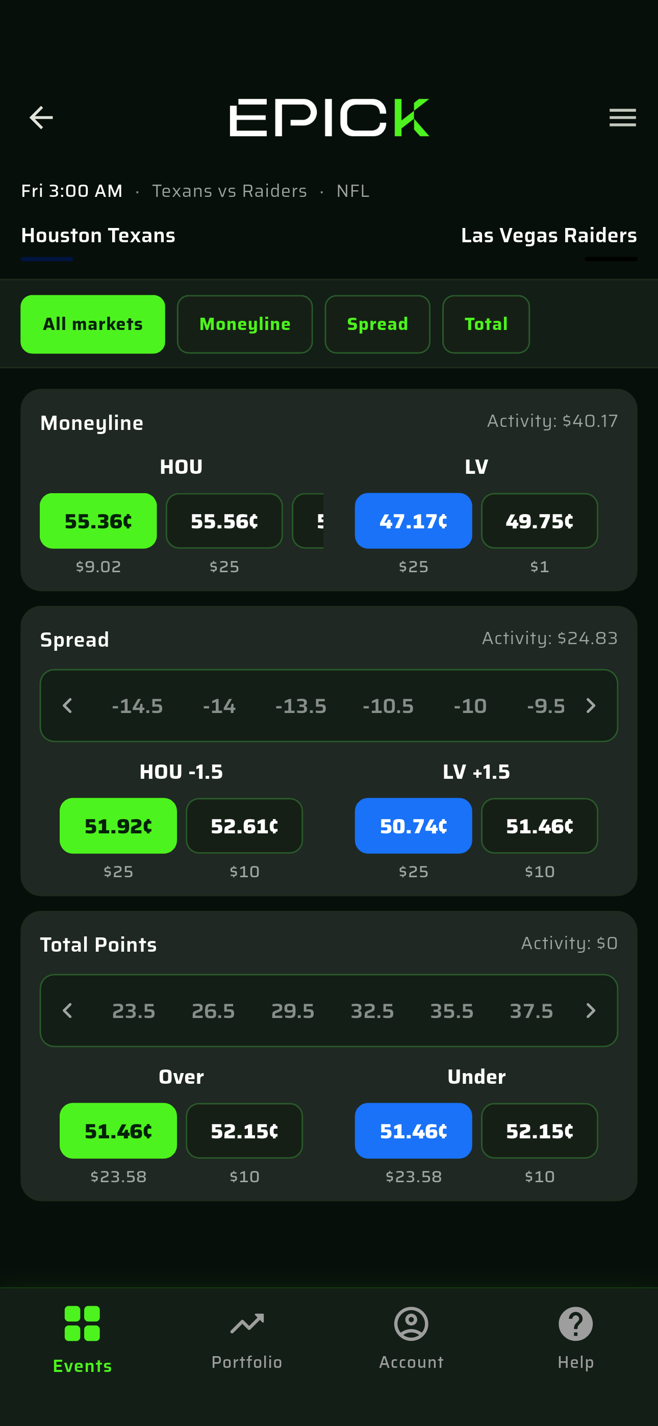 Event detail screen showing all markets for a single game