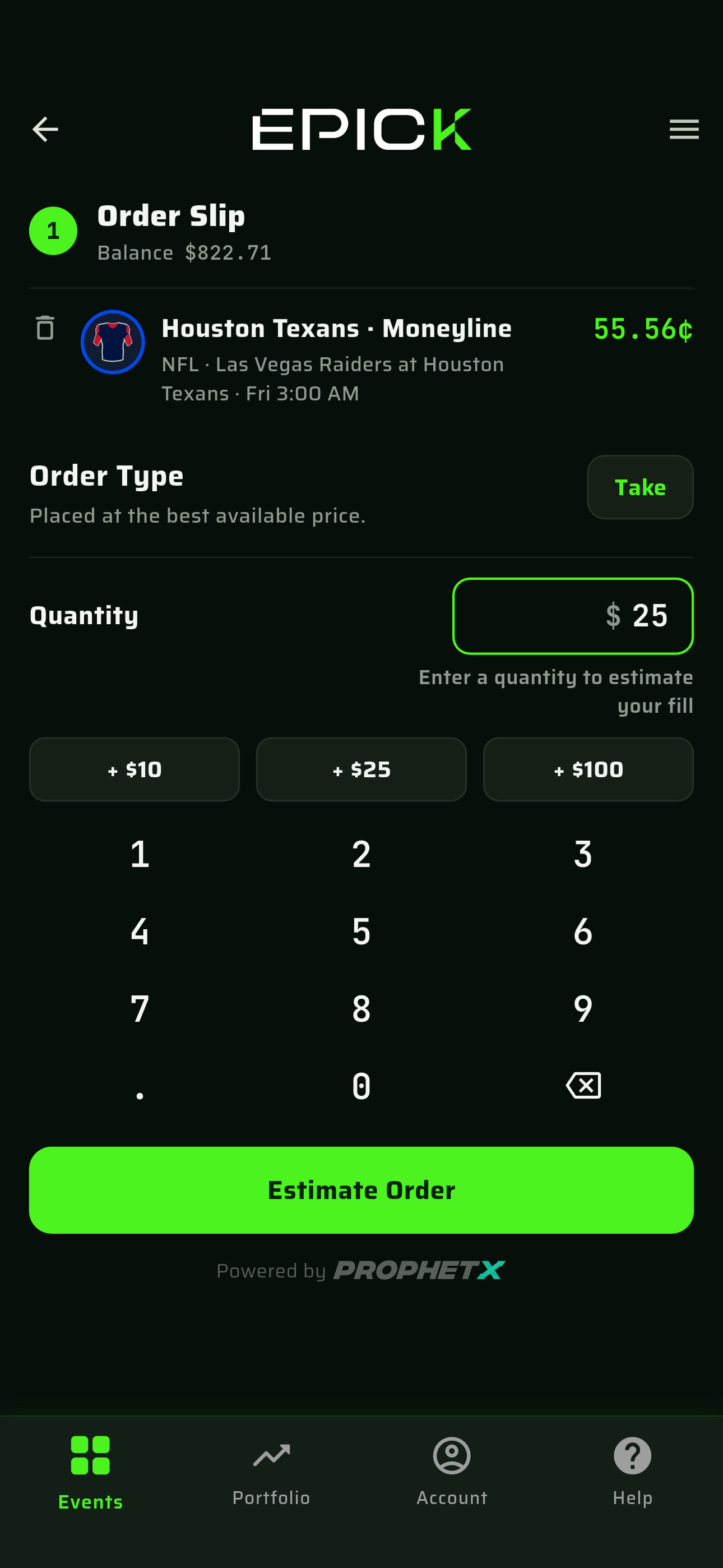 Order slip showing quantity, price and payout before submitting