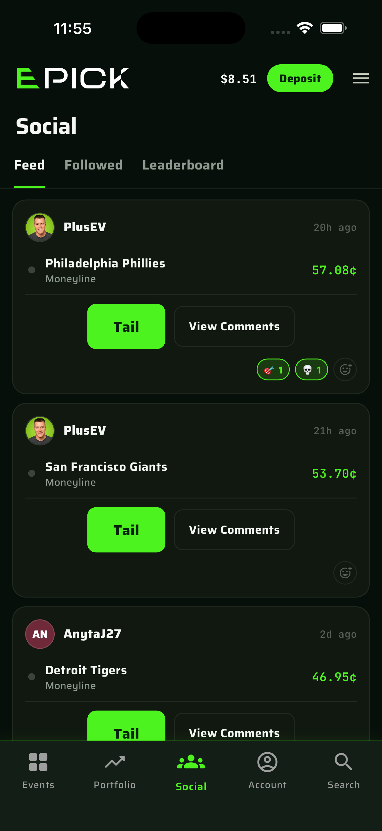 Social feed showing other traders' positions with Tail, comments and emoji reactions