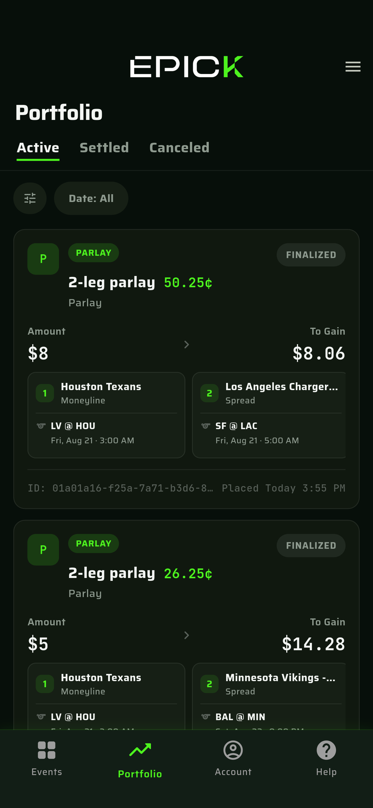 Portfolio screen showing open and settled positions
