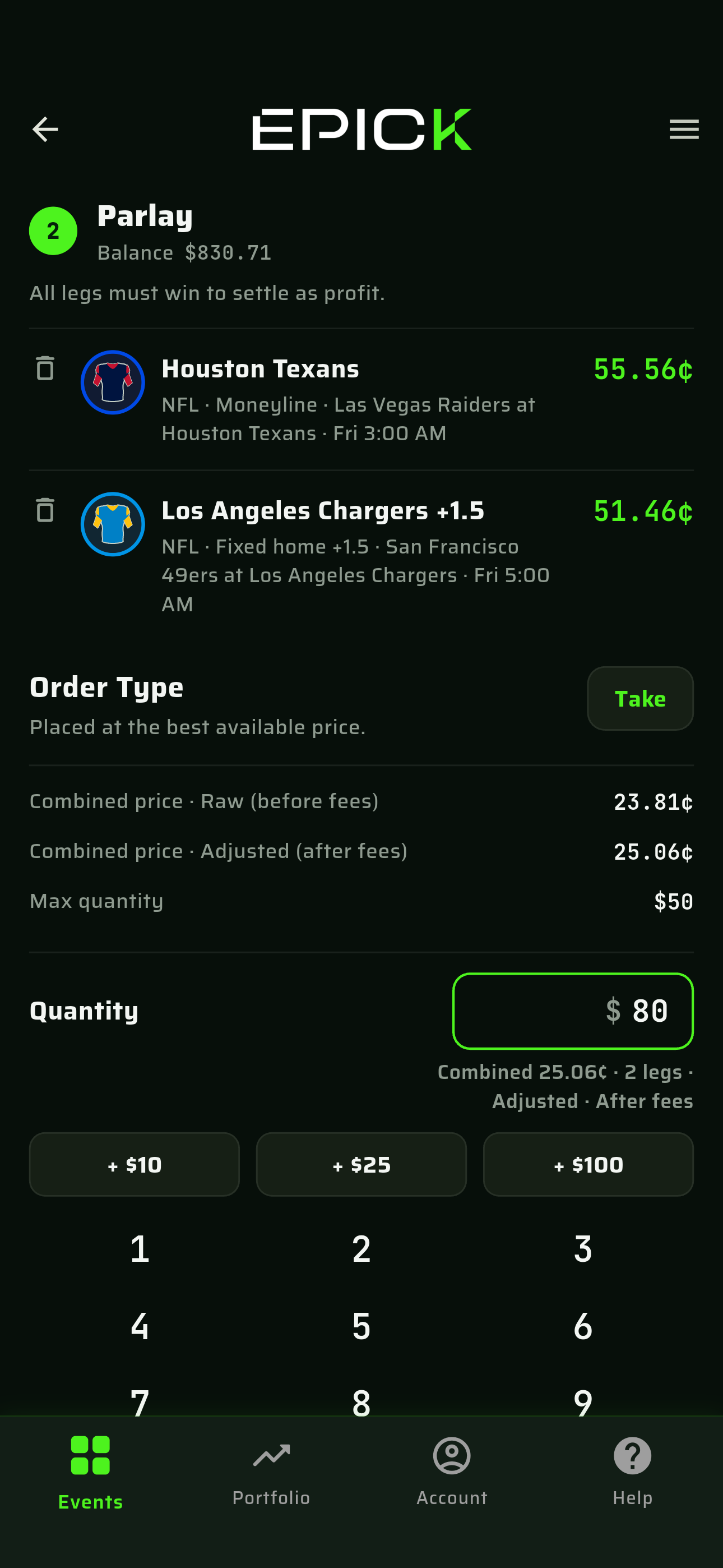 Parlay slip showing combined pricing across multiple legs